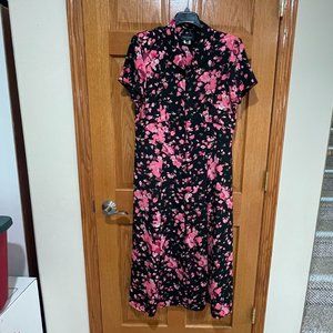 Vtg MISS DORBY Petites Women's Plus 16P 16 P Long Dress Black Pink Floral Dress